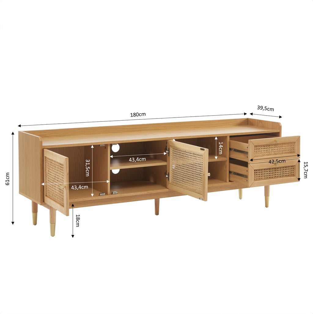 Leon TV Unit - Oak Veneer and Rattan Caning