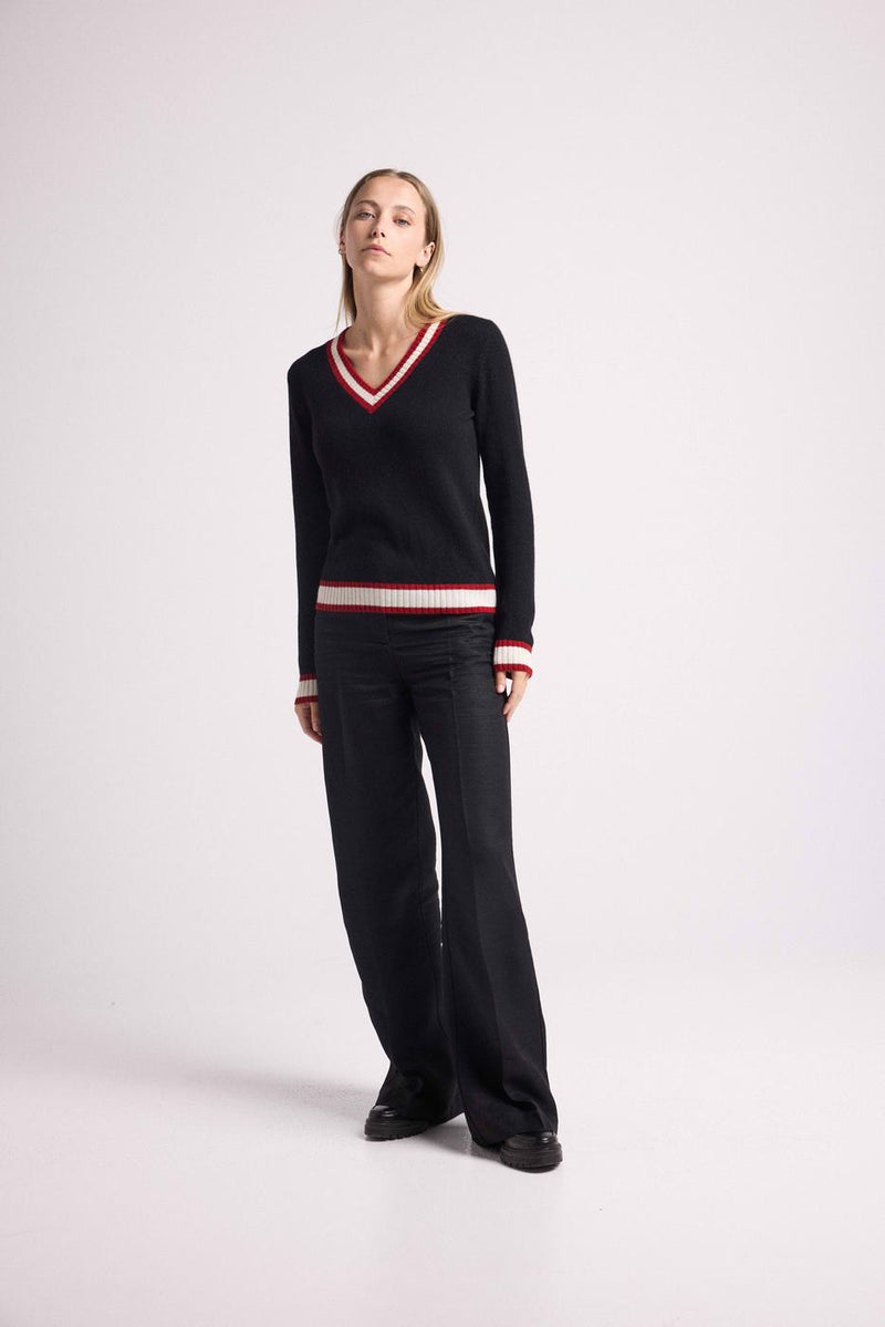 Pull Col V Cricket College Leonie - Noir Et Rib Rouge Et Blanc - 100% Cachemire Oeko-Tex - Femme