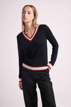 Leonie Cricket College V-Neck Jumper - Black Red White