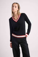 Pull Col V Cricket College Leonie - Noir Et Rib Rouge Et Blanc - 100% Cachemire Oeko-Tex - Femme