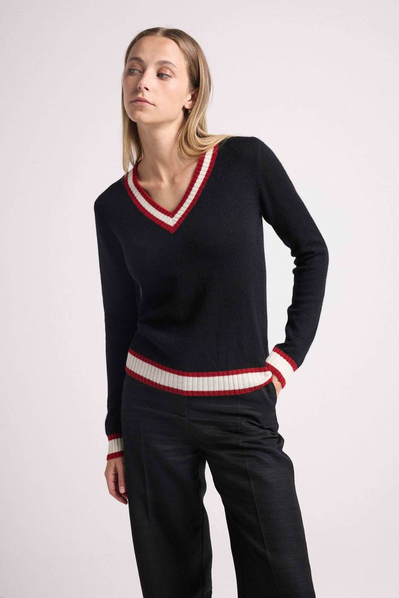 Cricket College Leonie V-Neck Sweater - Black And Red Rib And Blanc - 100% Oeko-Tex Cashmere - Woman