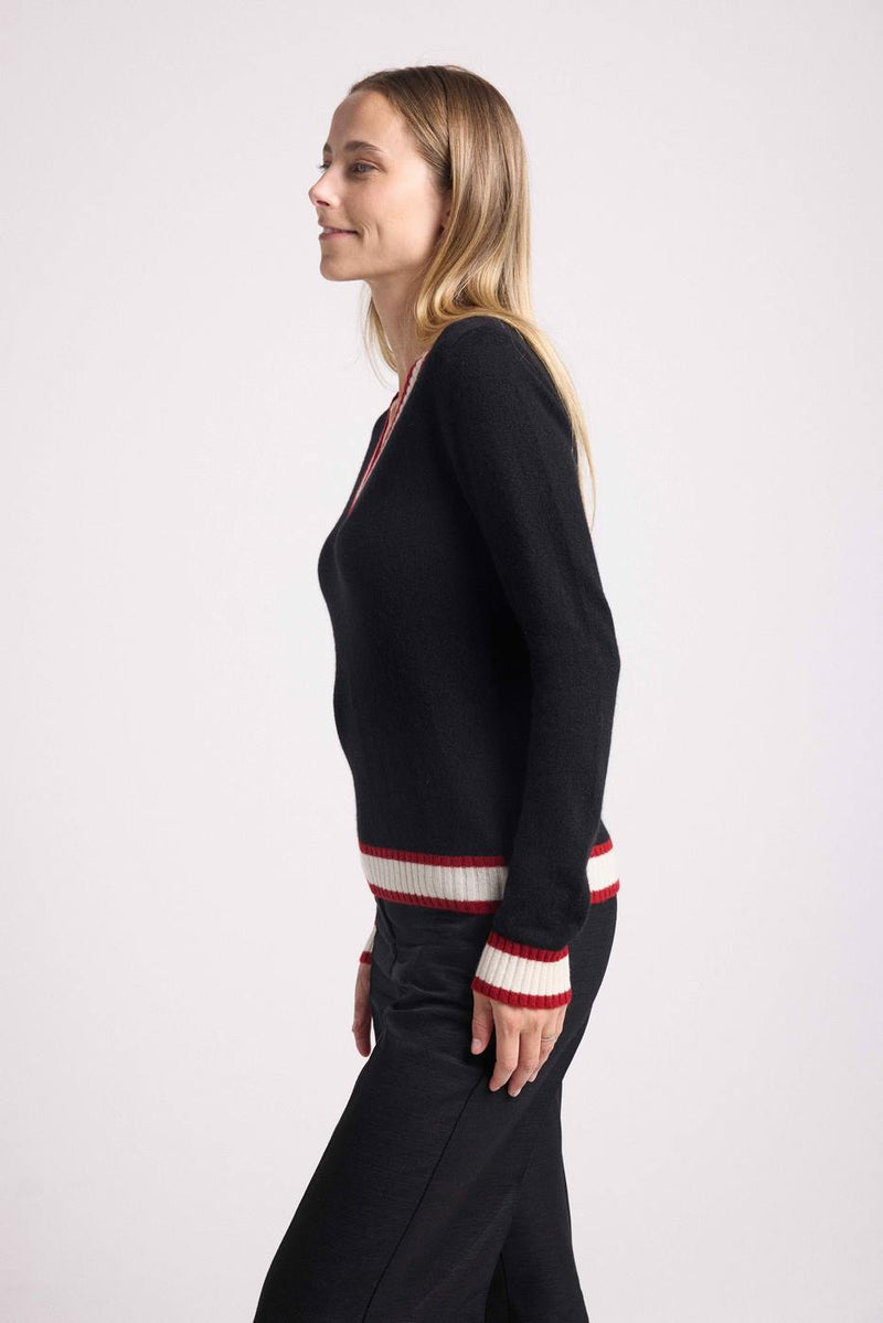 Cricket College Leonie V-Neck Sweater - Black And Red Rib And Blanc - 100% Oeko-Tex Cashmere - Woman