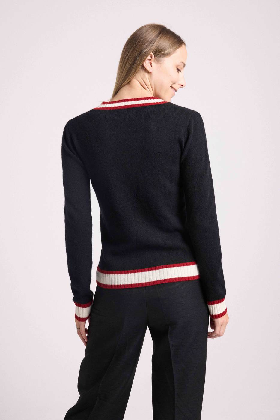 Leonie Cricket College V-Neck Jumper - Black Red White