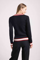 Pull Col V Cricket College Leonie - Noir Et Rib Rouge Et Blanc - 100% Cachemire Oeko-Tex - Femme