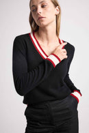 Cricket College Leonie V-Neck Sweater - Black And Red Rib And Blanc - 100% Oeko-Tex Cashmere - Woman