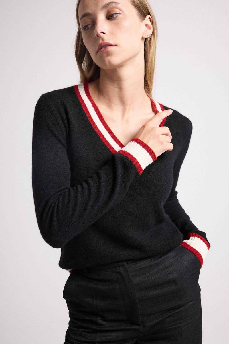 Pull Col V Cricket College Leonie - Noir Et Rib Rouge Et Blanc - 100% Cachemire Oeko-Tex - Femme