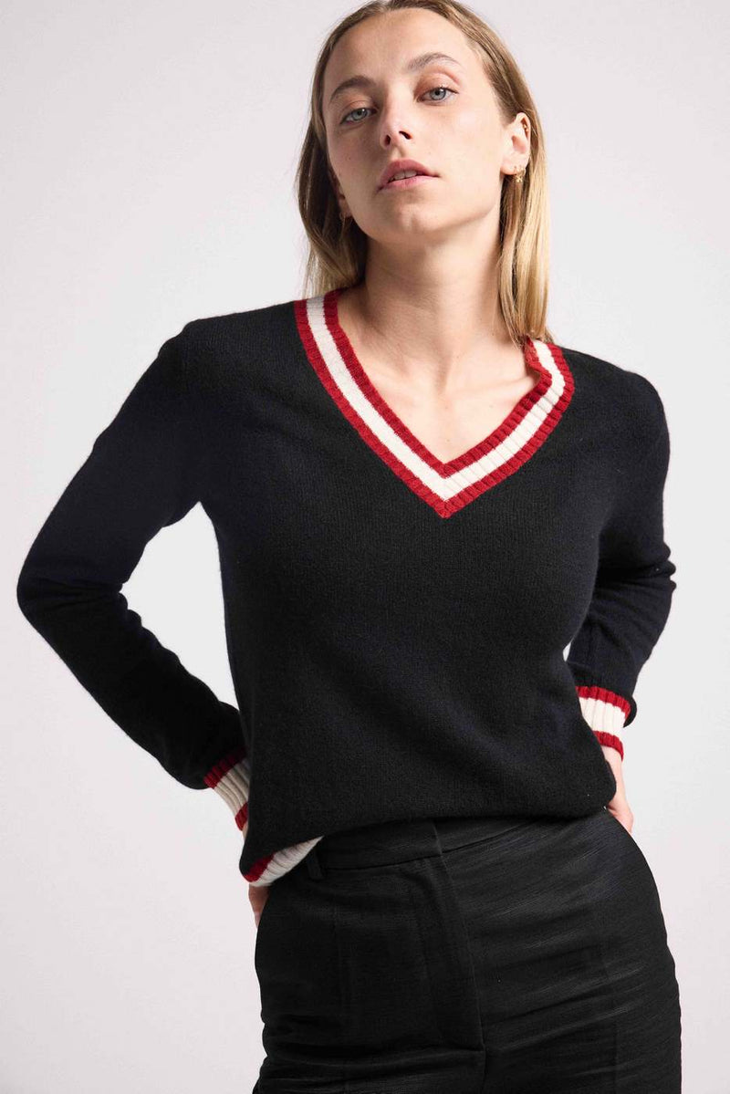 Pull Col V Cricket College Leonie - Noir Et Rib Rouge Et Blanc - 100% Cachemire Oeko-Tex - Femme