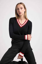 Leonie Cricket College V-Neck Jumper - Black Red White