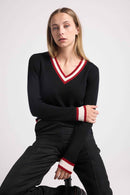 Cricket College Leonie V-Neck Sweater - Black And Red Rib And Blanc - 100% Oeko-Tex Cashmere - Woman