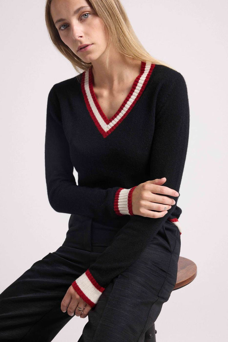 Cricket College Leonie V-Neck Sweater - Black And Red Rib And Blanc - 100% Oeko-Tex Cashmere - Woman