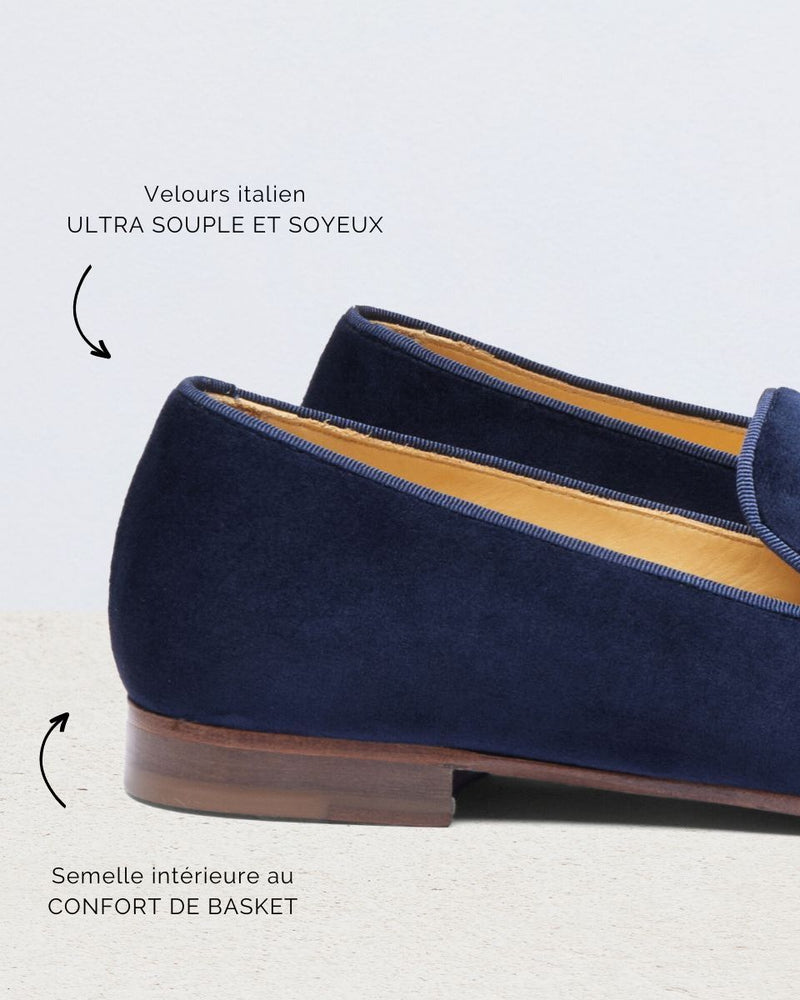 Slipper Léonie - Velours Bleu - Semelle Cuir - Femme