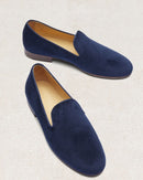 Slipper Léonie - Velours Bleu - Semelle Cuir - Femme