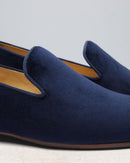 Slipper Léonie - Velours Bleu - Semelle Cuir - Femme