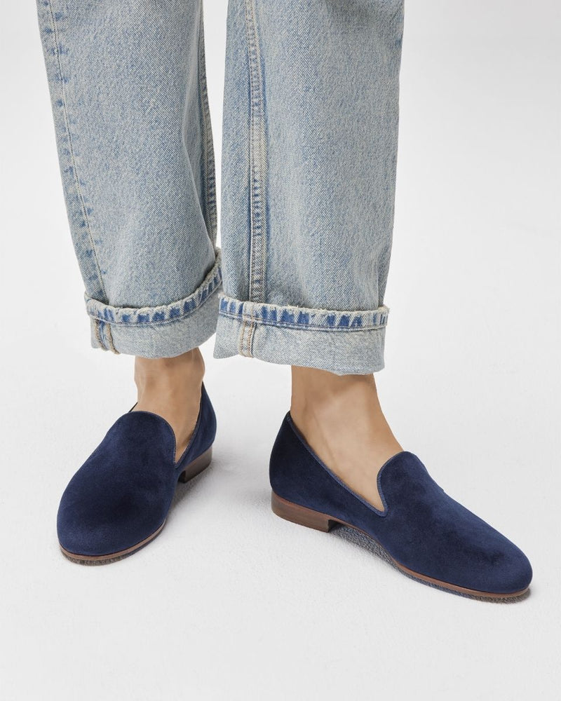 Slipper Léonie - Velours Bleu - Semelle Cuir - Femme