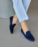 Slipper Léonie - Velours Bleu - Semelle Cuir - Femme