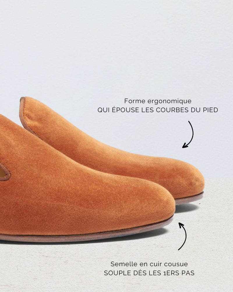 Slipper Léonie - Velours Orange - Semelle Cuir - Femme