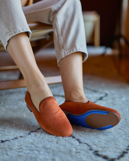 Slipper Léonie - Velours Orange - Semelle Cuir - Femme