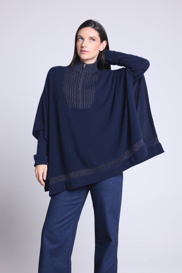 Poncho A Col Montant Zipe Leonor - Bleu Marine Et Lurex Multicolor - Femme - 100% Cachemire