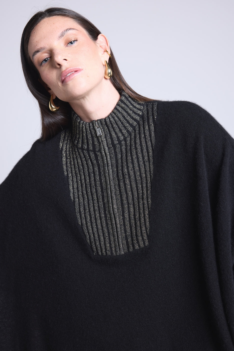 Leonor Zipped High Collar Poncho - Black And Gold - Women