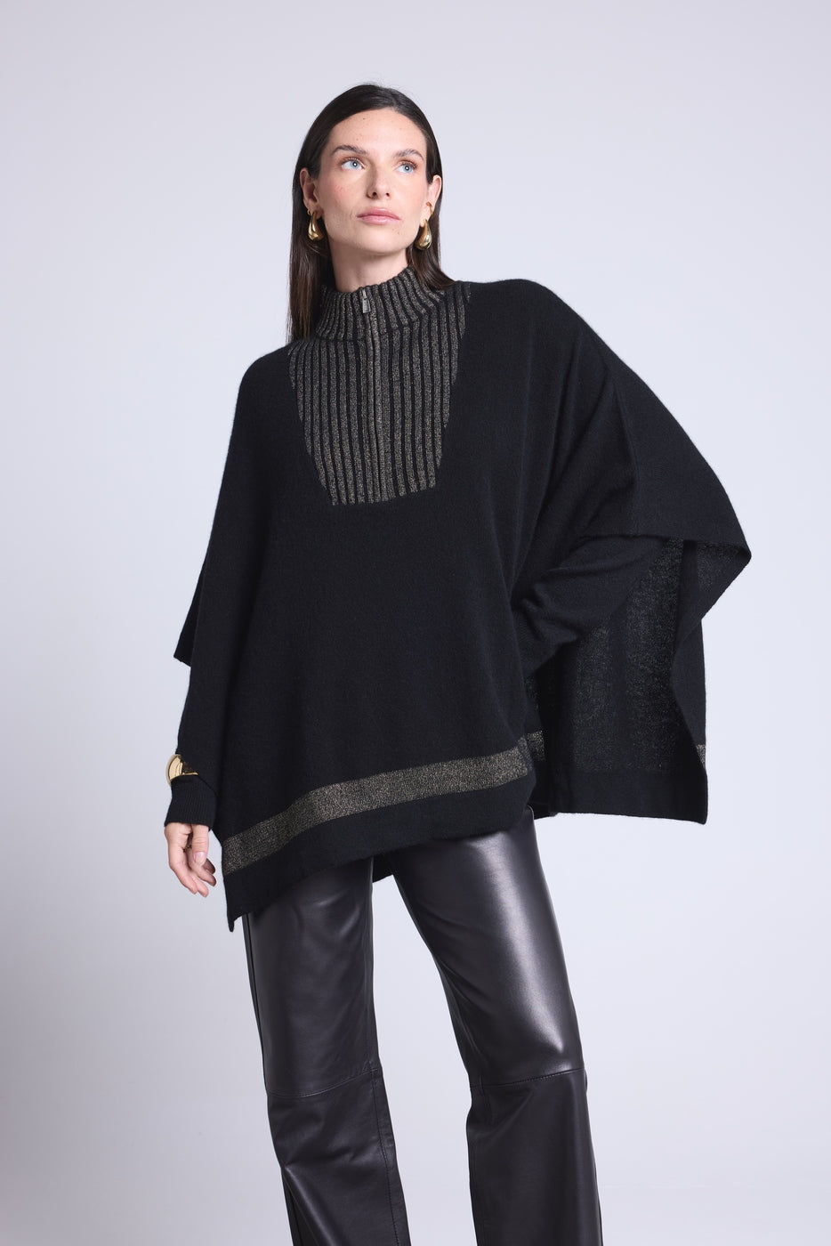Leonor Zipped High Collar Poncho - Black And Gold - Women