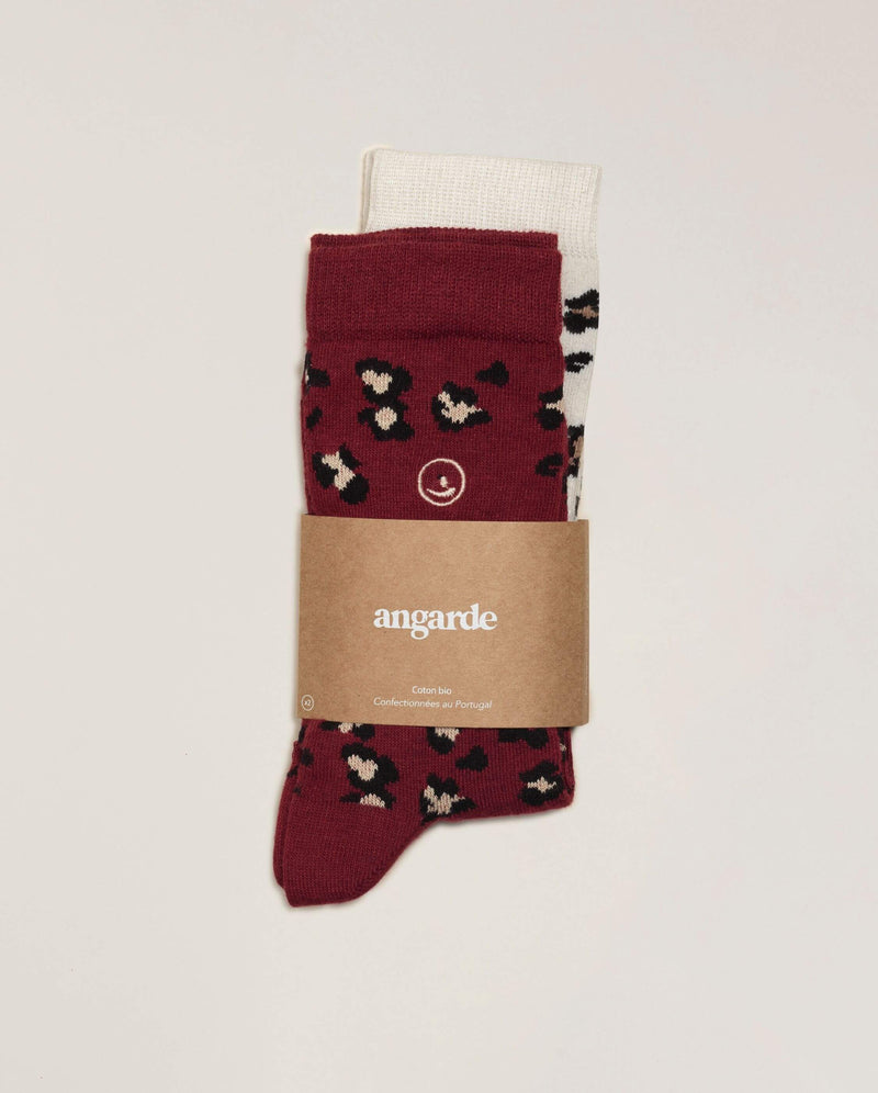 Pack 2 paires chaussettes femme léopard, blanc-bordeaux Angarde packshot cavalier