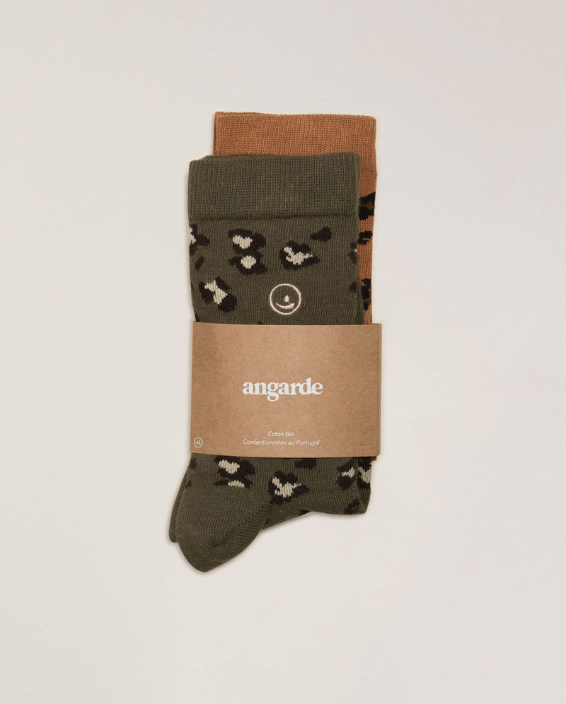 Pack 2 paires chaussettes femme léopard, camel-kaki Angarde  packshot cavalier