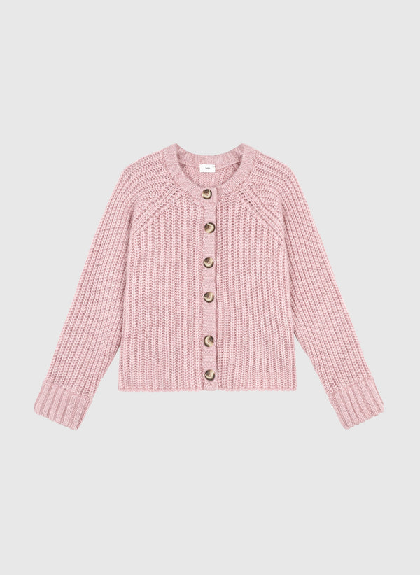 An'ge – Gilet Lesasha Vx Rose, cardigan rose en maille côtelée avec boutons, vue de face