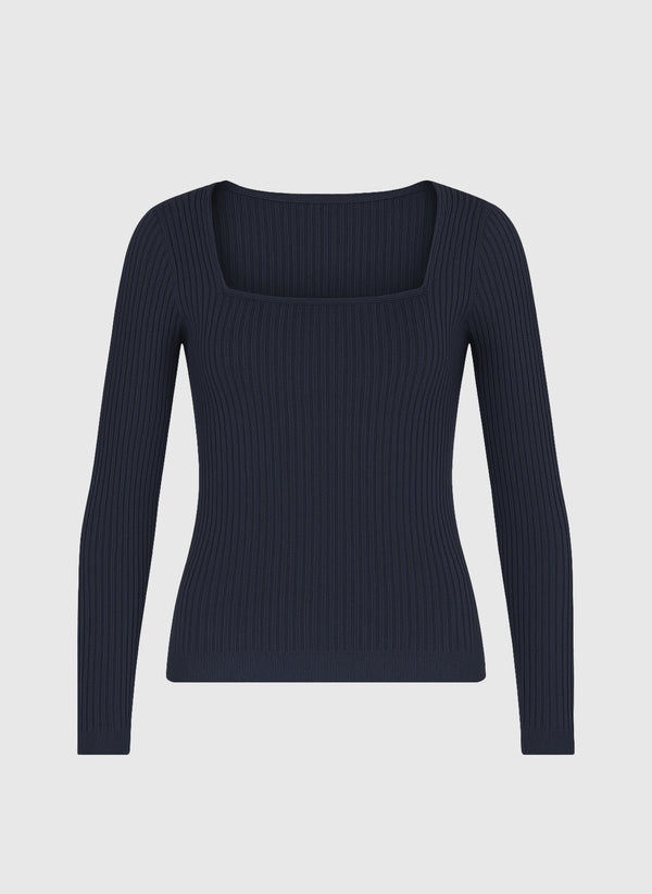 An'ge – Maglione Lesie Marine, maglione a coste blu navy a maniche lunghe con scollo squadrato