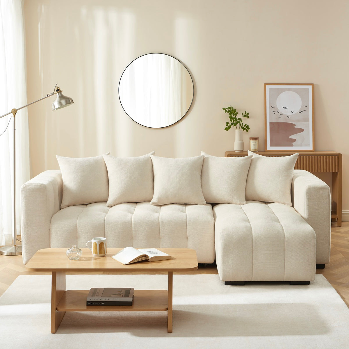 Levia - Divano angolare trasformabile e reversibile a 4 posti - Tessuto beige