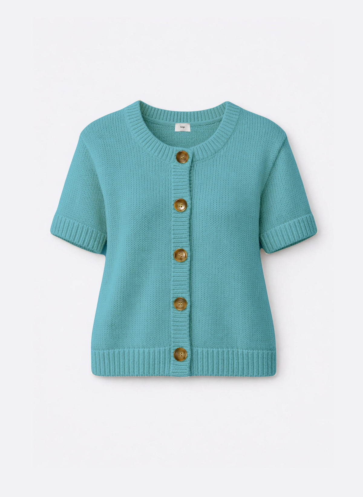 An'ge – Pull Leviora Turquoise, turkosblå stickad kofta, korta ärmar, bruna knappar, sedd framifrån