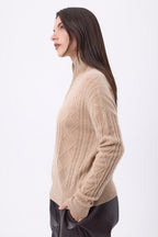 Pull Grand Col Montant Zippé Torsades Lhasa - Beige Creme - Femme