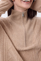 Pull Grand Col Montant Zippé Torsades Lhasa - Beige Creme - Femme