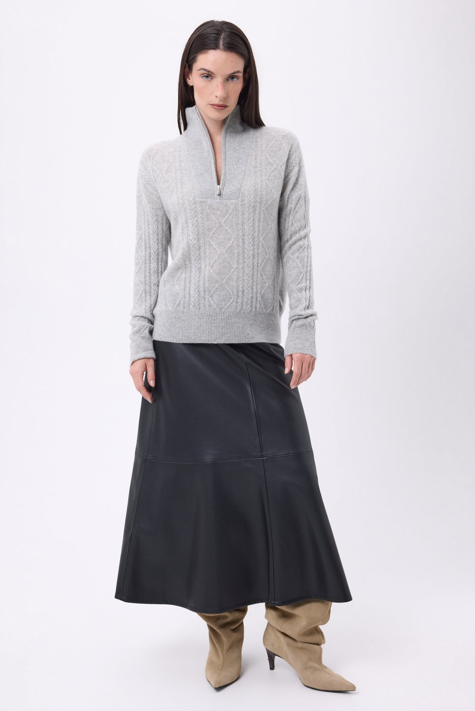 Jersey de cuello alto grande con cremallera y trenzas Lhasa - Gris claro - Mujer