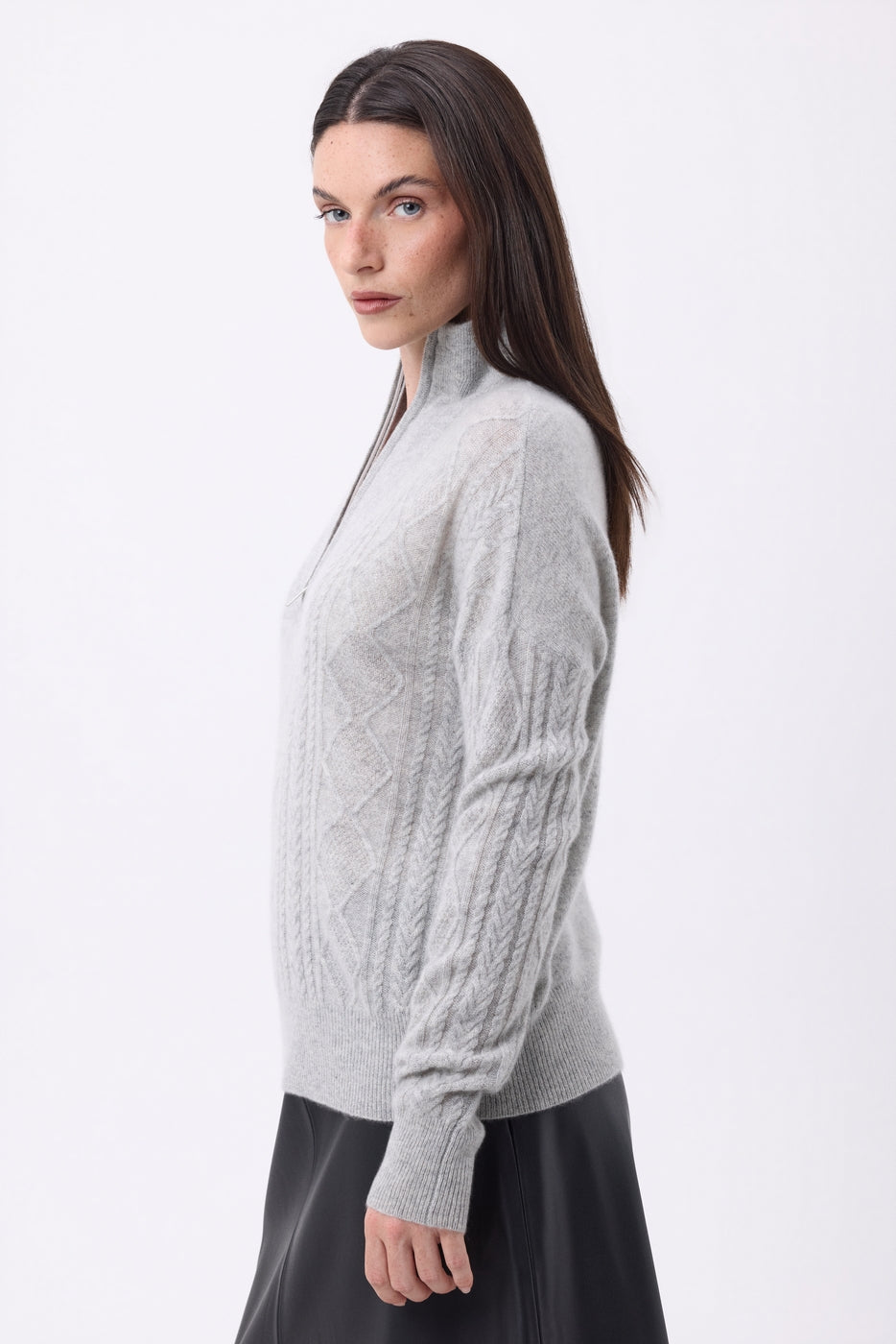Jersey de cuello alto grande con cremallera y trenzas Lhasa - Gris claro - Mujer