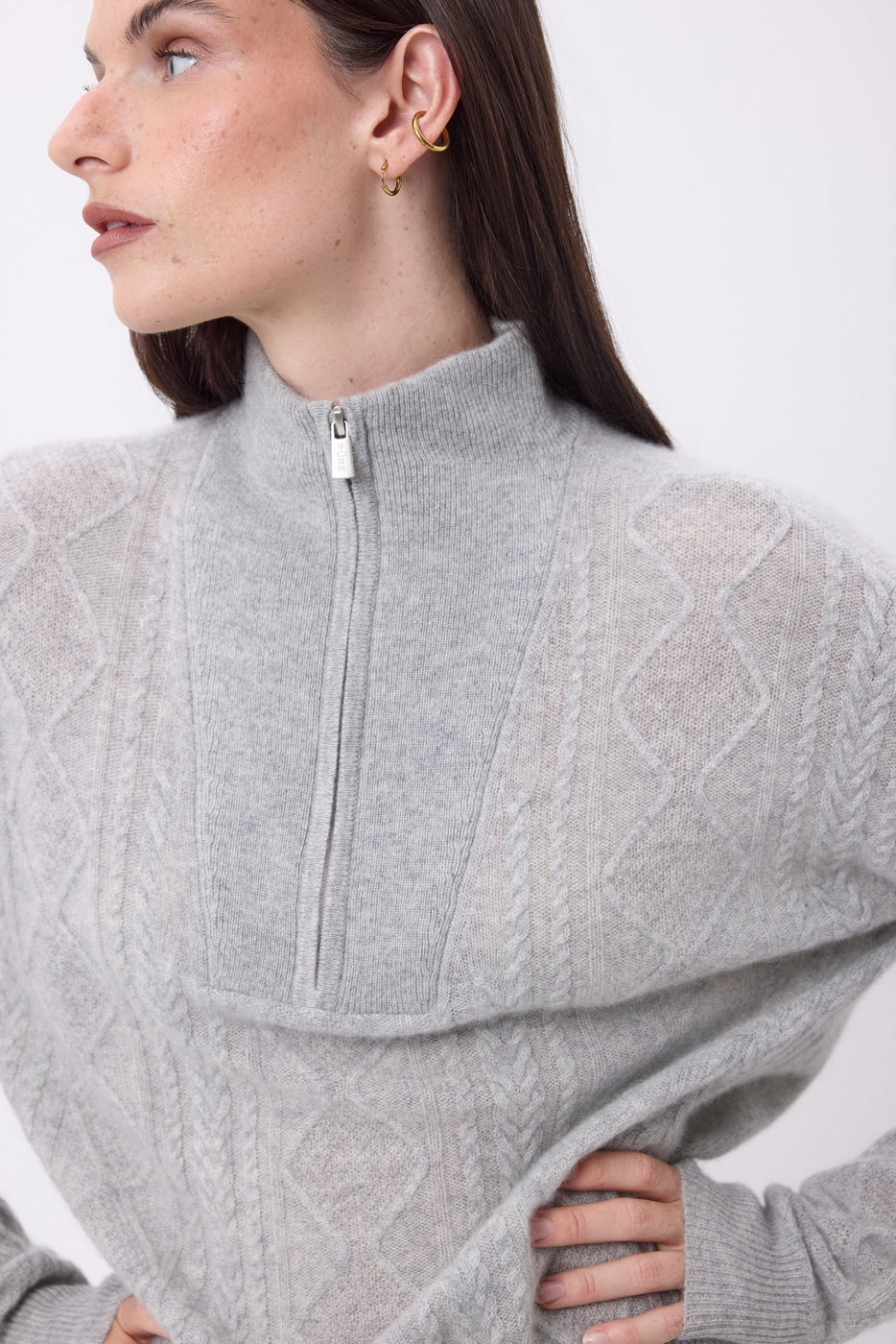 Jersey de cuello alto grande con cremallera y trenzas Lhasa - Gris claro - Mujer