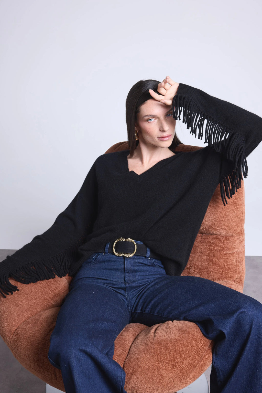 Jersey Cuello En V Mangas Flecos Lina - Negro - Mujer