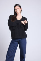 Jersey Cuello En V Mangas Flecos Lina - Negro - Mujer
