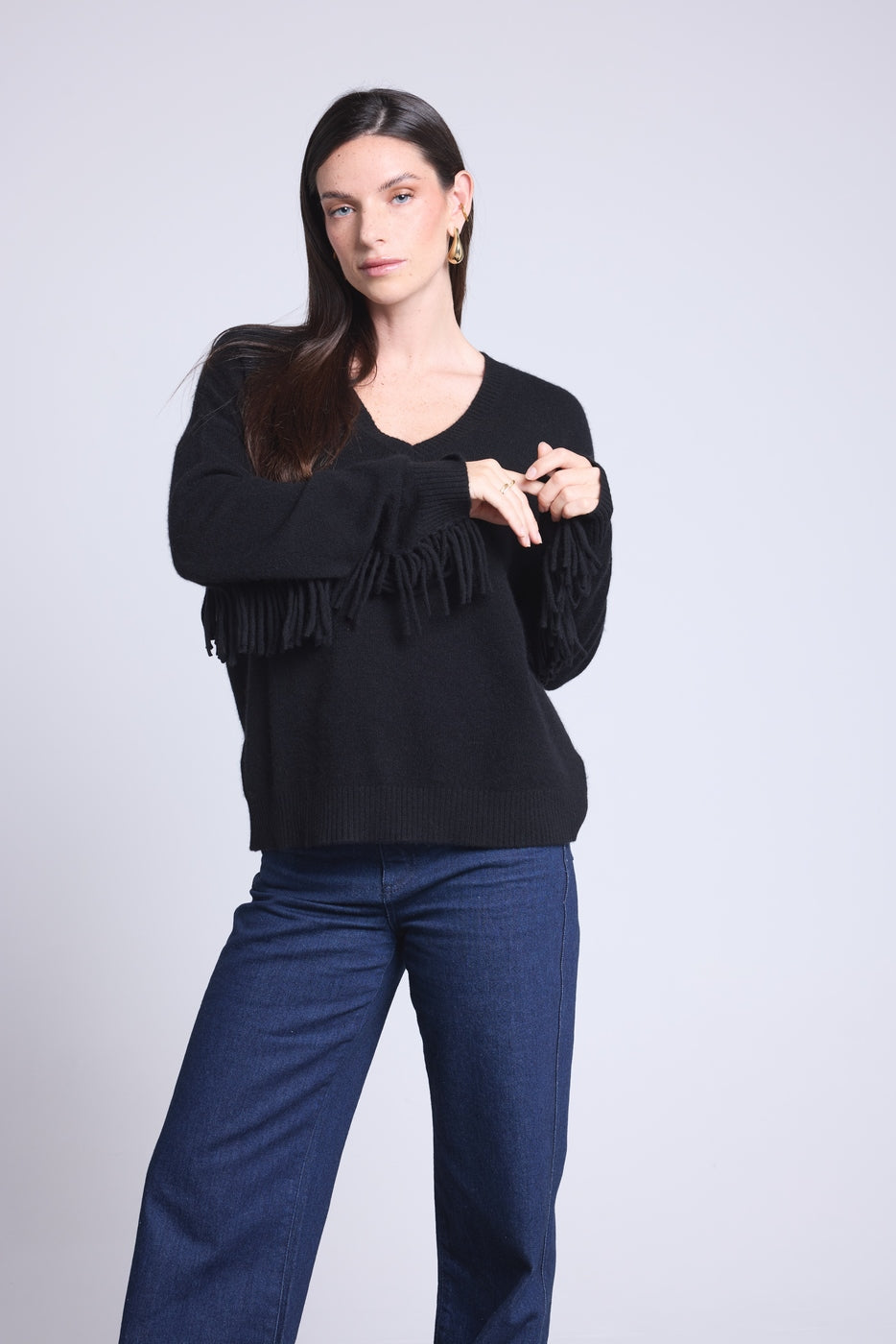 Jersey Cuello En V Mangas Flecos Lina - Negro - Mujer