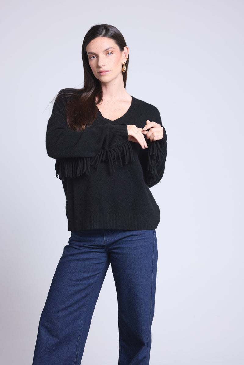 Pull Col V Manches Franges Lina - Noir - Femme