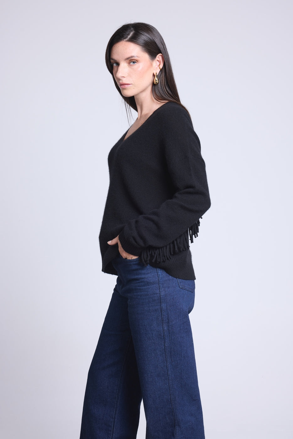Jersey Cuello En V Mangas Flecos Lina - Negro - Mujer