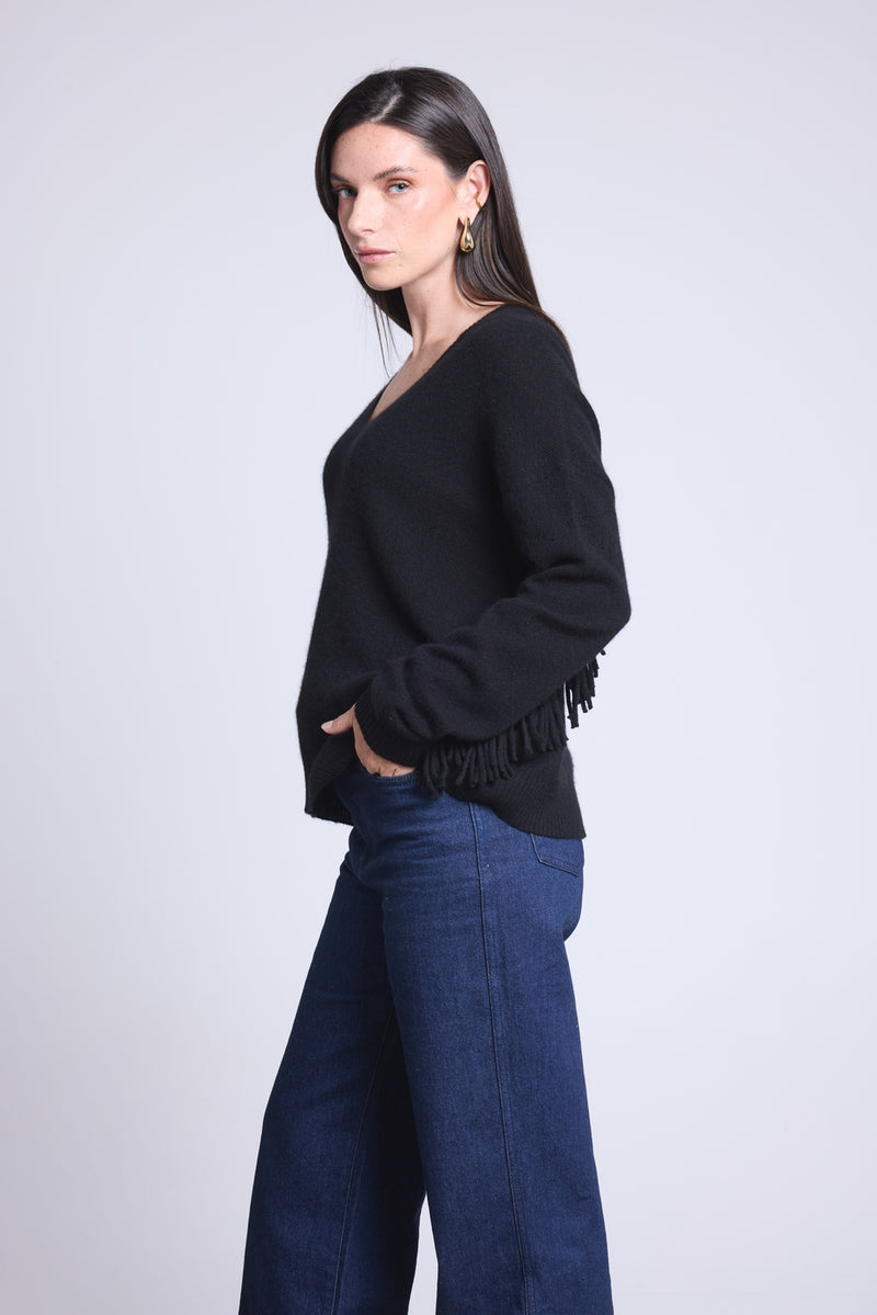 Pull Col V Manches Franges Lina - Noir - Femme