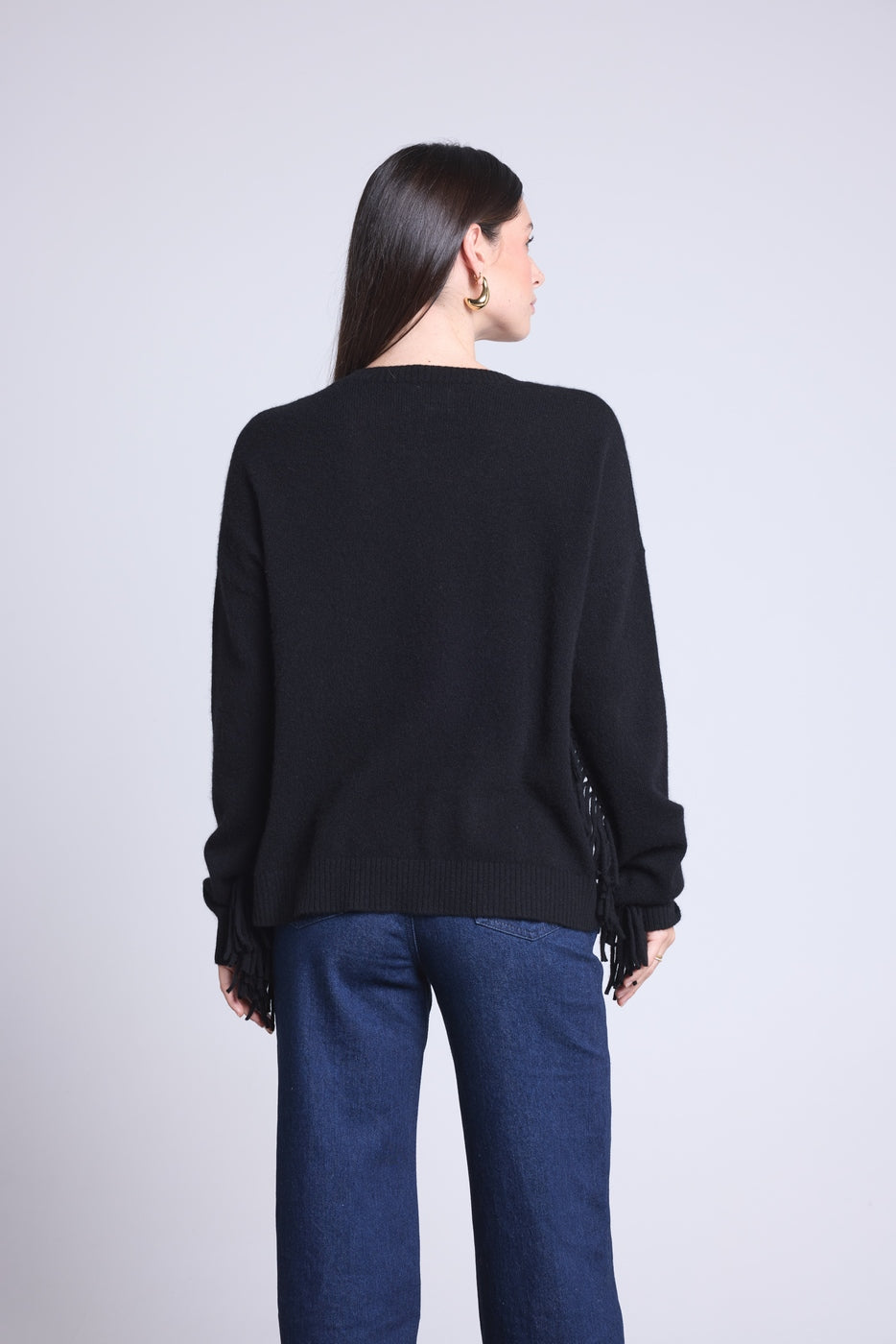 Jersey Cuello En V Mangas Flecos Lina - Negro - Mujer