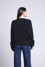 Jersey Lina con cuello de pico y mangas con flecos - Negro - Mujer