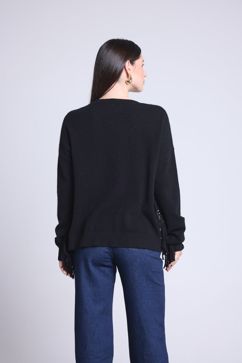 Pull Col V Manches Franges Lina - Noir - Femme