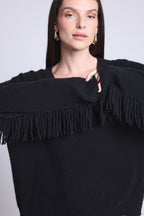 Jersey Cuello En V Mangas Flecos Lina - Negro - Mujer