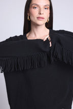 Jersey Lina con cuello de pico y mangas con flecos - Negro - Mujer