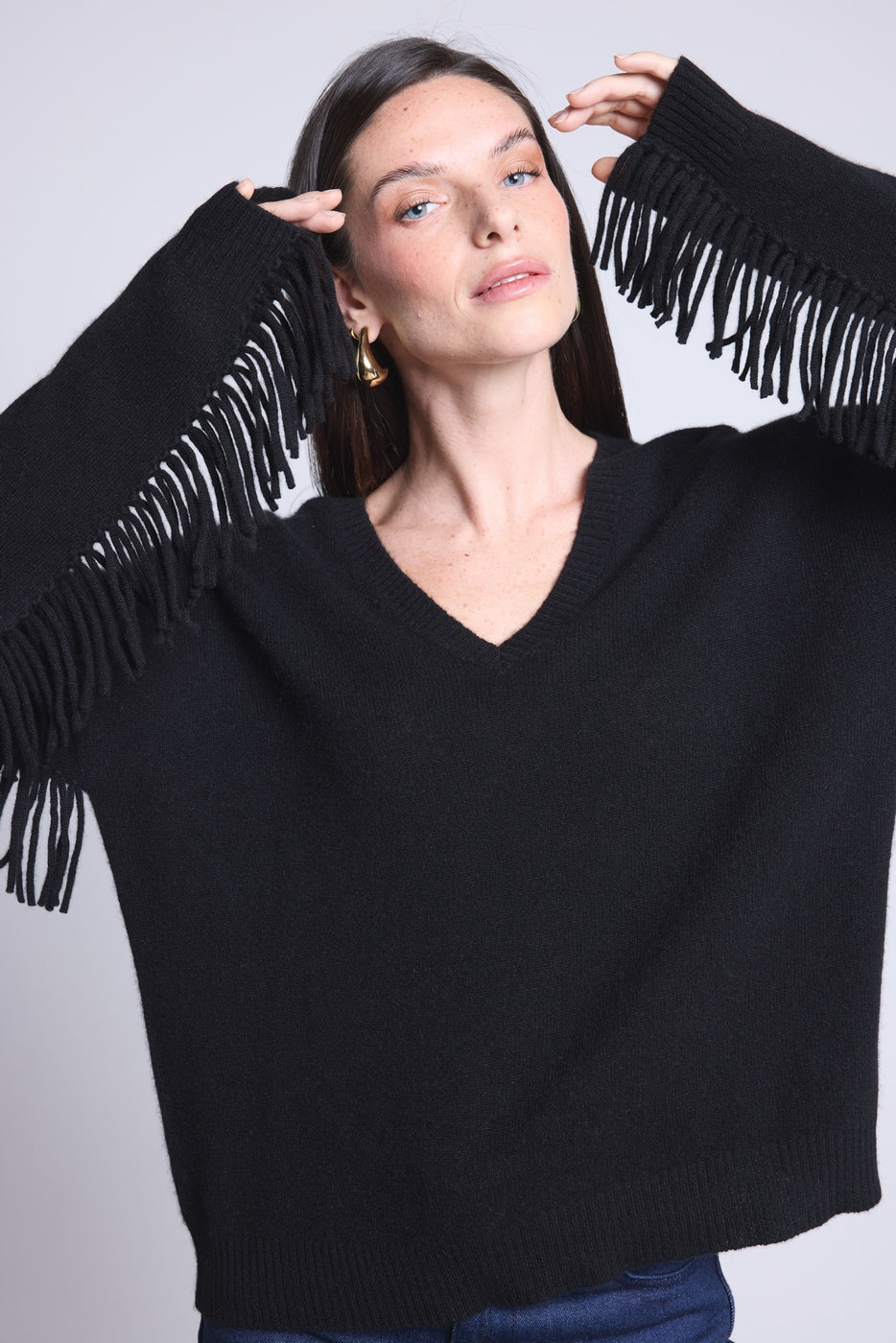 Jersey Cuello En V Mangas Flecos Lina - Negro - Mujer