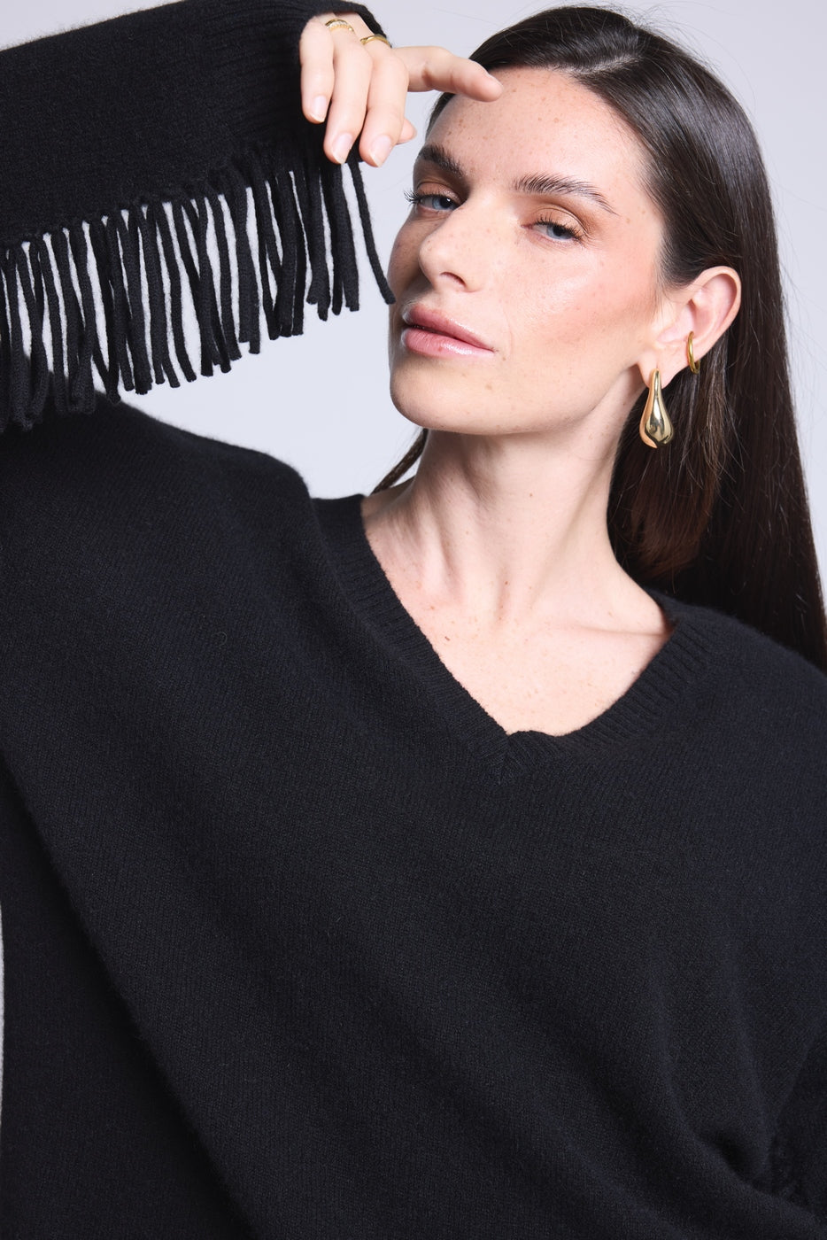 Jersey Cuello En V Mangas Flecos Lina - Negro - Mujer