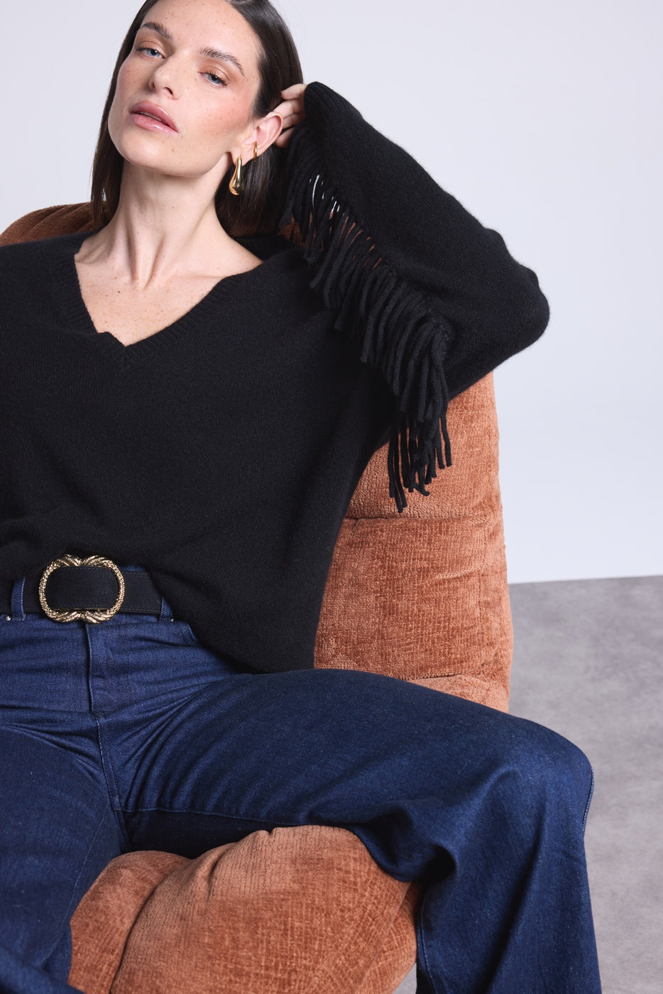 Jersey Cuello En V Mangas Flecos Lina - Negro - Mujer