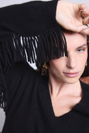 Pull Col V Manches Franges Lina - Noir - Femme